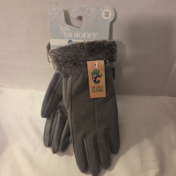Isotoner Gray Fleece Gloves with Faux Fur Trim - Picture 1 of 9